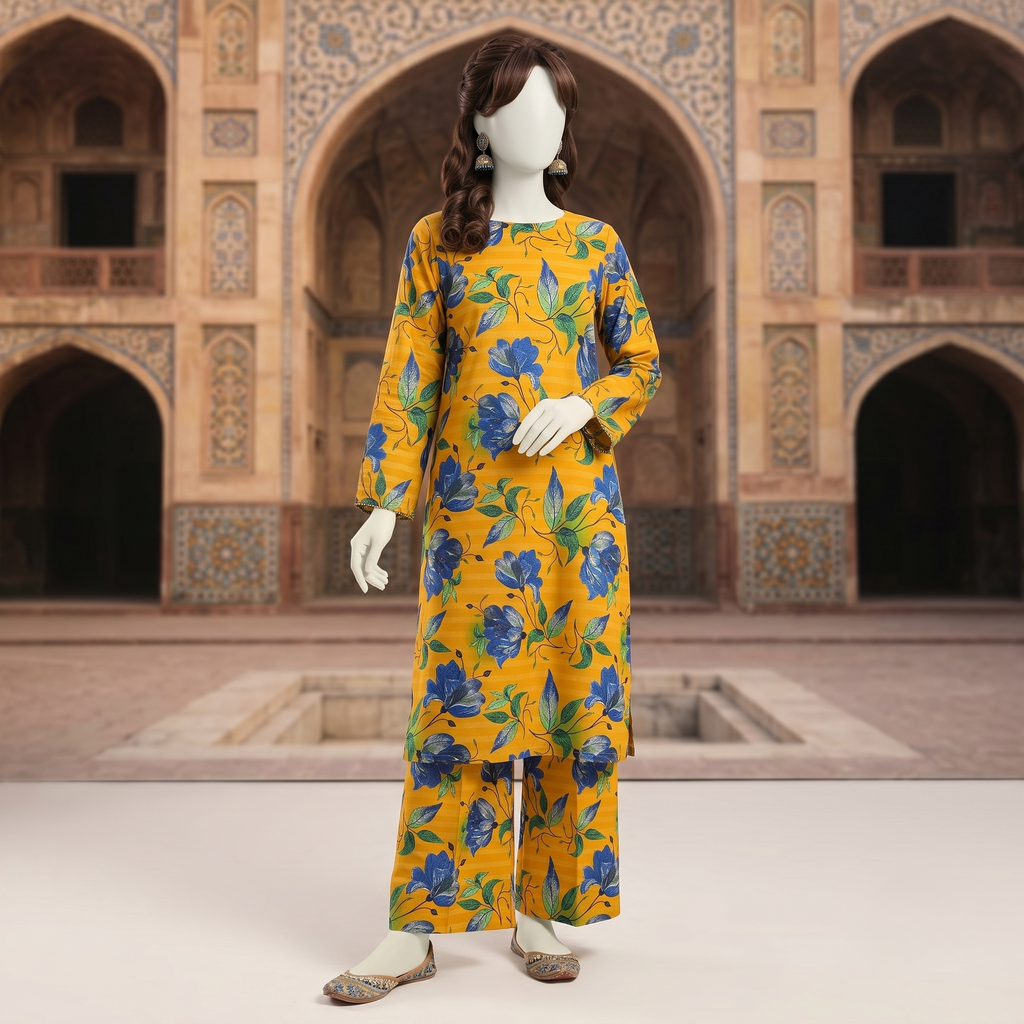 ZH2 Store premium 2-piece unstitched cotton silk suit with floral print.
