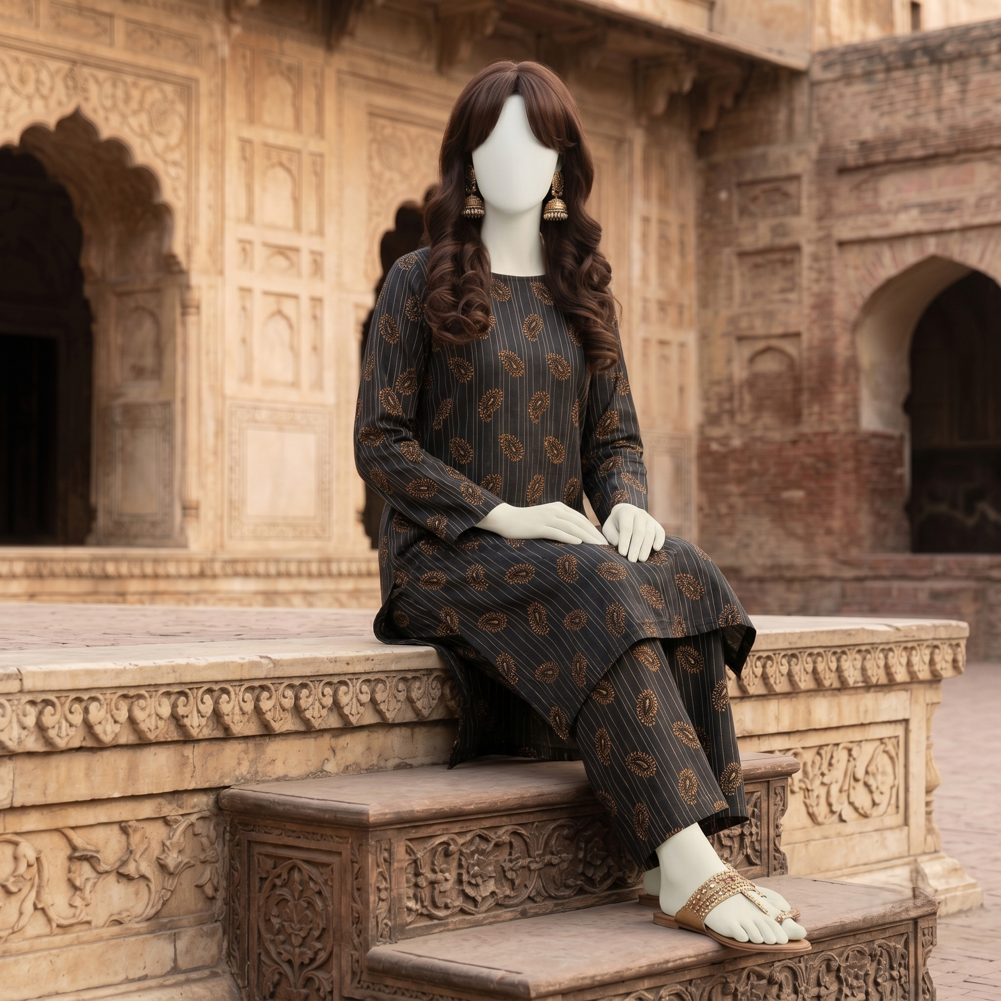 "Mannequin wearing a premium 2-piece unstitched cotton silk suit with  paisley print - ZH2 Store."
