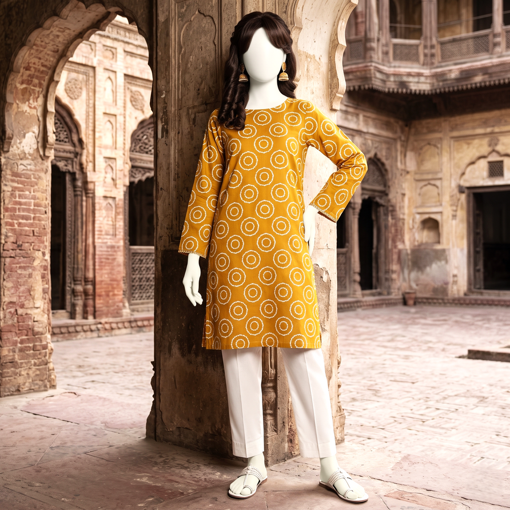Mannequin wearing a bold yellow and white circular patterned 2-piece unstitched lawn suit set from ZH2 Store.