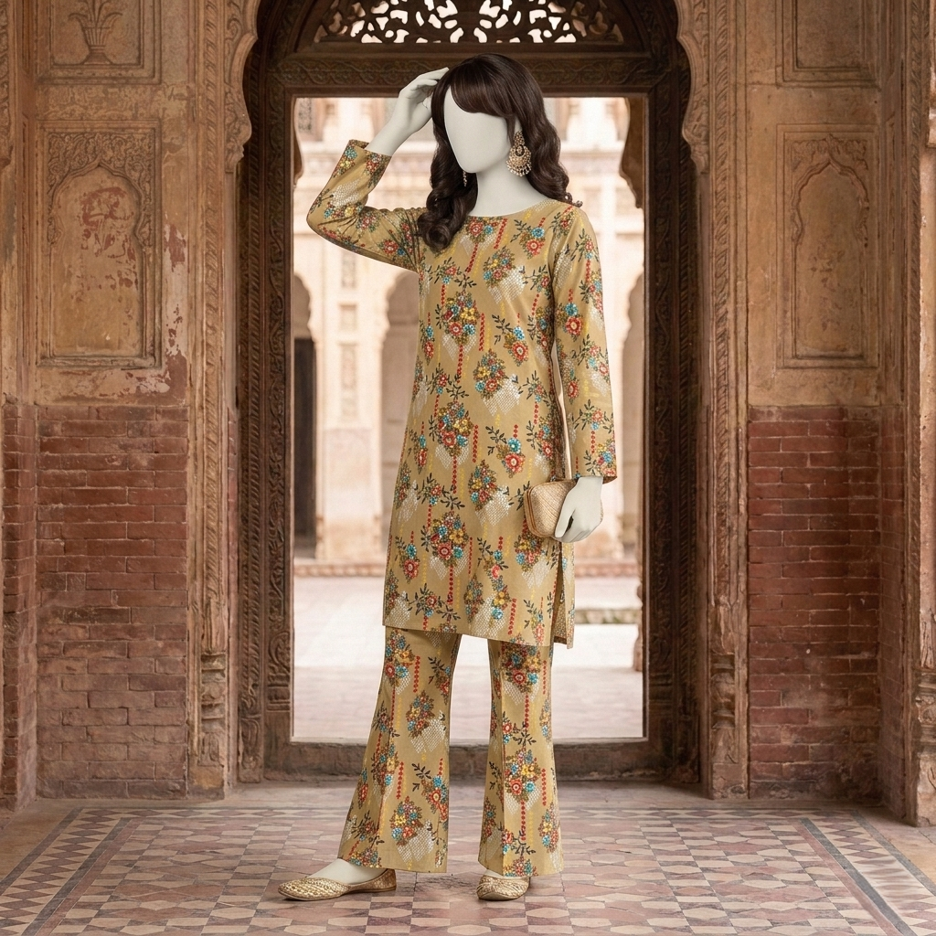 "Woman wearing premium cotton-silk unstitched 2-piece suit in Vintage yellow print from ZH2 Store"