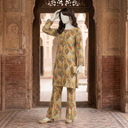"Woman wearing premium cotton-silk unstitched 2-piece suit in Vintage yellow print from ZH2 Store"