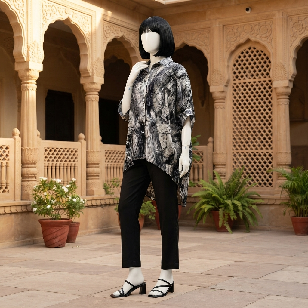 Trendy black and white abstract print baggy shirt, worn by a mannequin in a bright outdoor environment.