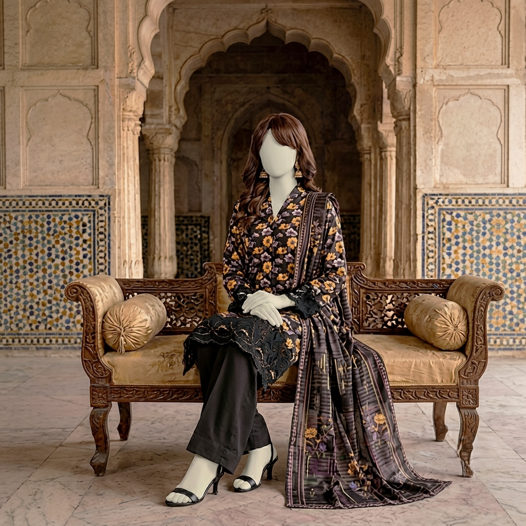 ZH2 Store 3-piece unstitched printed lawn suit featuring fine floral vine motifs on a mannequin.
