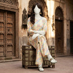 A mannequin wearing a  3-piece unstitched lawn suit.