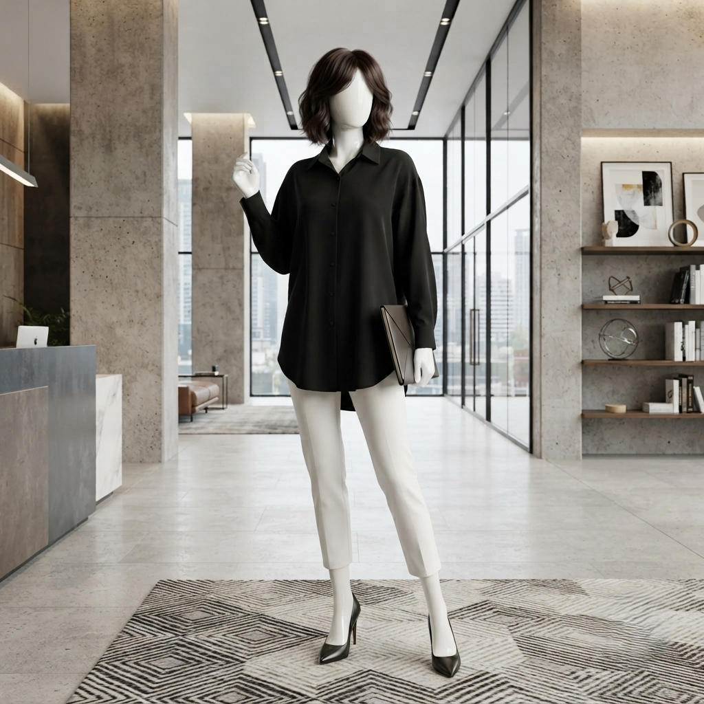 A mannequin wearing a sophisticated black silk formal shirt and white tailored trousers, styled for a professional office environment.