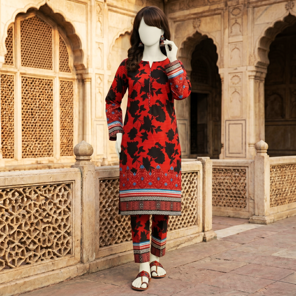 Premium 2-piece unstitched cotton lawn suit with floral print and traditional chunri border by ZH2 Store.