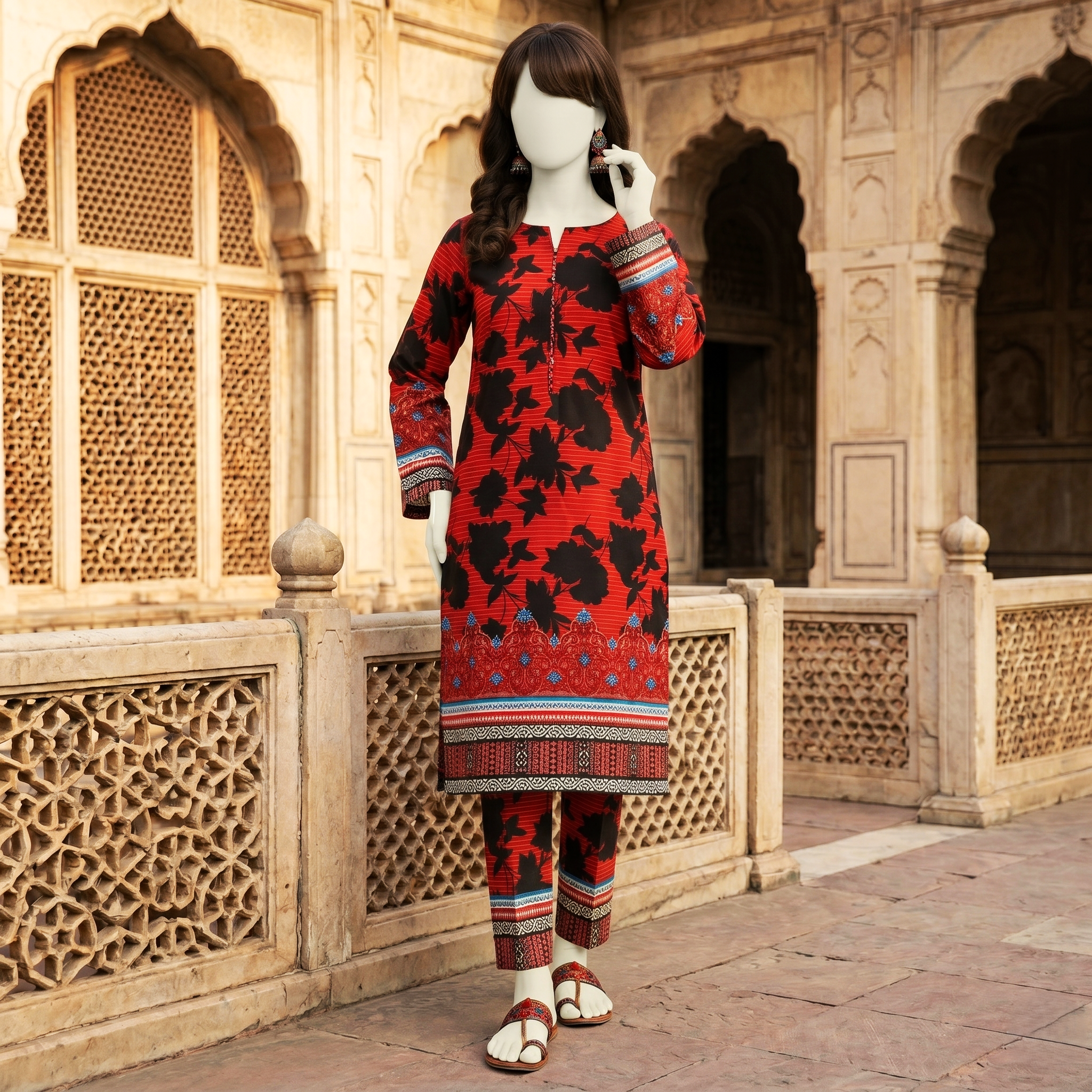 Premium 2-piece unstitched cotton lawn suit with floral print and traditional chunri border by ZH2 Store.