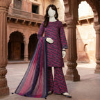 A full-length view of the dark-toned traditional printed lawn 3-piece ensemble.