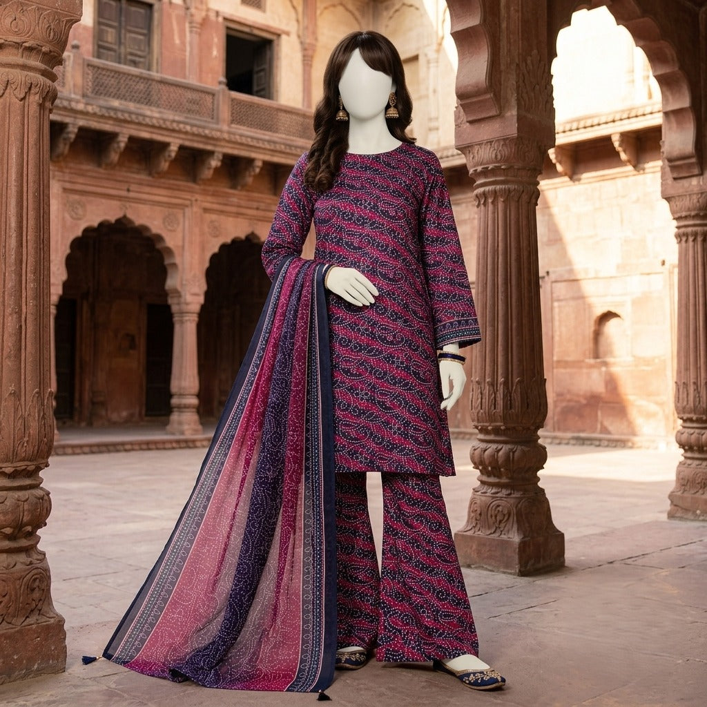 A full-length view of the dark-toned traditional printed lawn 3-piece ensemble.