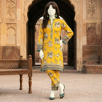 Women's yellow 2-piece lawn suit, breathable cotton fabric with printed chunri border design.