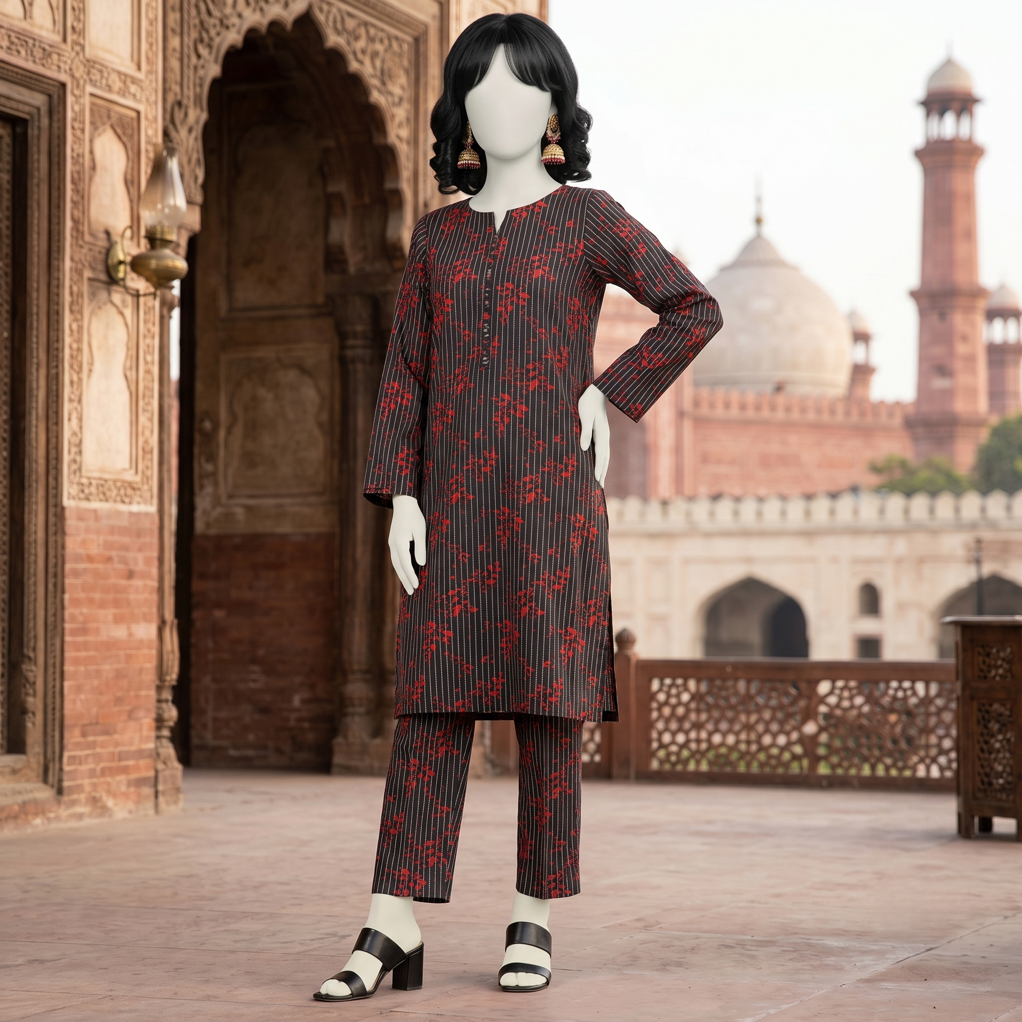 "view of an unstitched black floral cotton 2-piece suit - ZH2 Store"