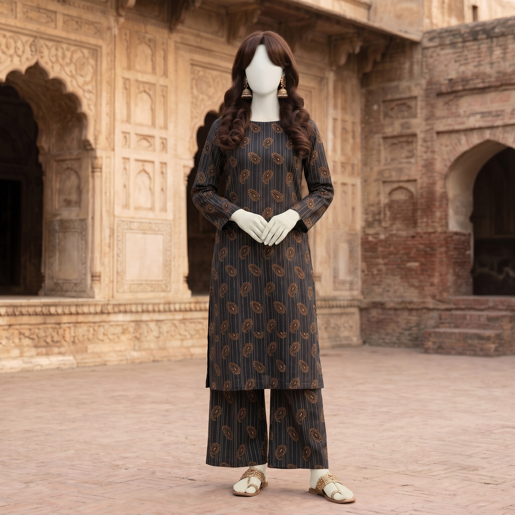 "Mannequin wearing a premium 2-piece unstitched cotton silk suit with  paisley print - ZH2 Store."