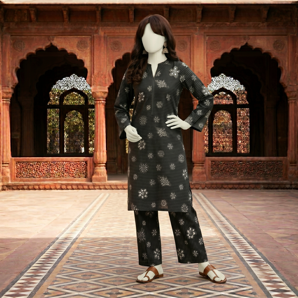 "Black floral printed unstitched 2-piece cotton suit for women by ZH2 Store."
