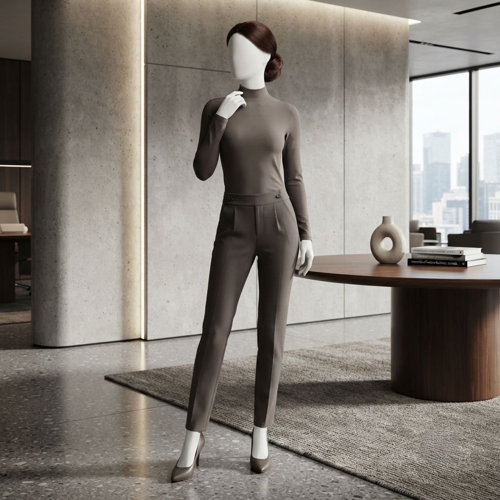 Mannequin wearing professional dress pants in a modern office setting, ZH2 Store.