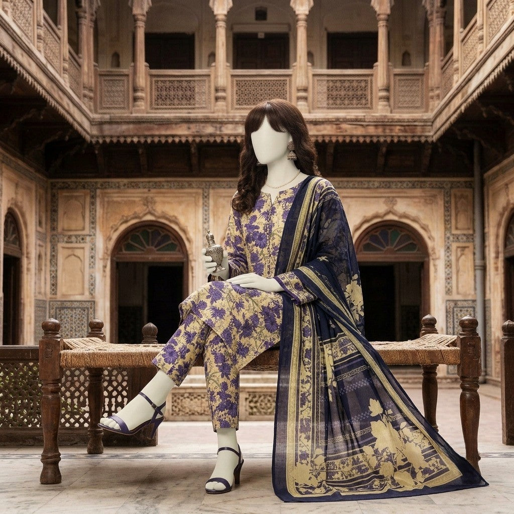 A mannequin showcasing a navy blue and cream floral printed 3-piece unstitched lawn suit.