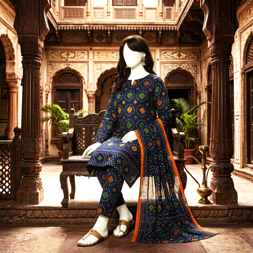 A detailed view of the blue printed lawn ensemble, emphasizing the intricate design and fabric quality.