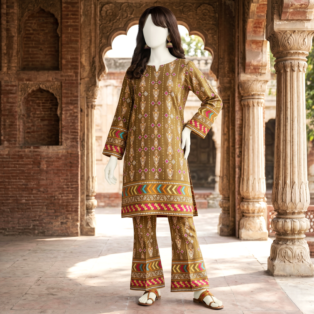 Side profile of olive brown printed cotton lawn unstitched suit.