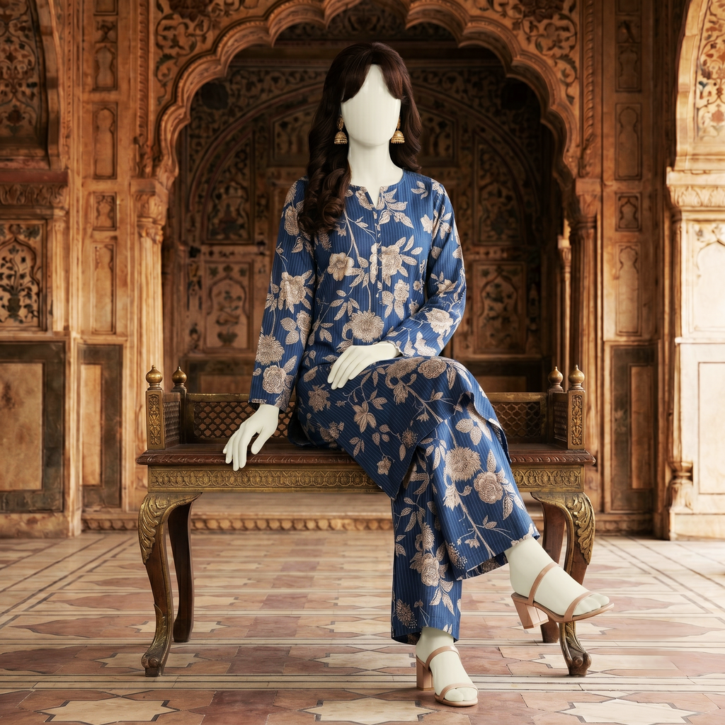 Close-up of premium cotton silk fabric texture and print details, unstitched suit material.