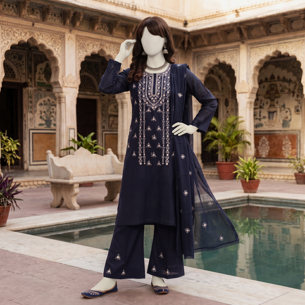 Elegant 3-piece unstitched lawn suit with colorful intricate embroidery on the shirt and trousers, paired with a matching embroidered dupatta, displayed on a mannequin.