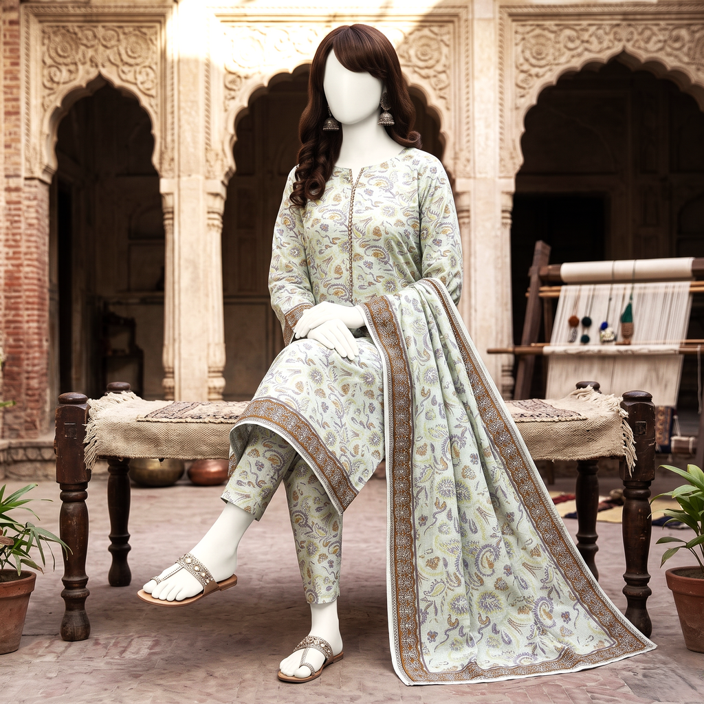 Side view of a mannequin sitting on a traditional bench wearing the light mint green printed 3-piece suit from ZH2 Store.