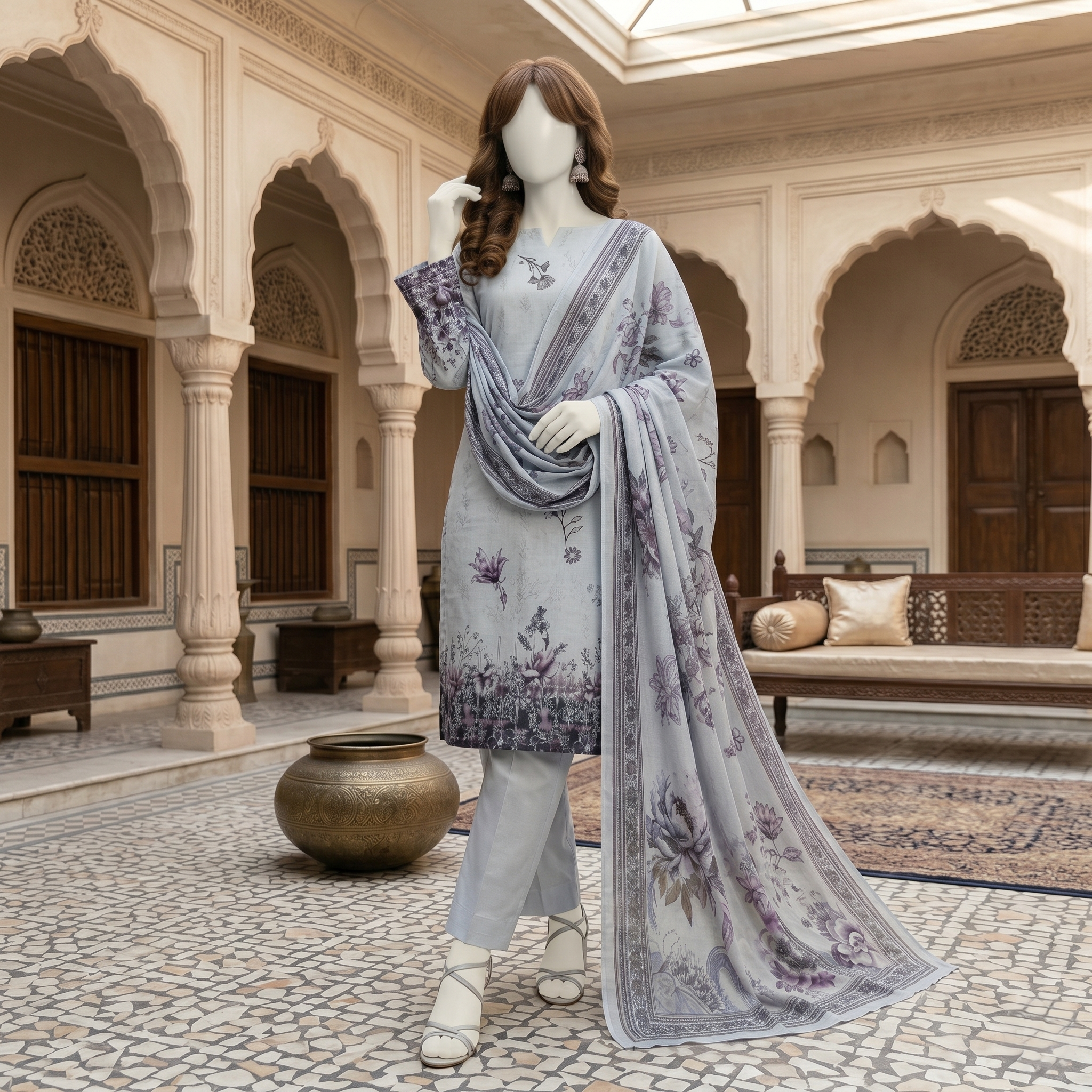 ZH2 Store 3-piece unstitched printed lawn suit with floral patterns on a mannequin.
