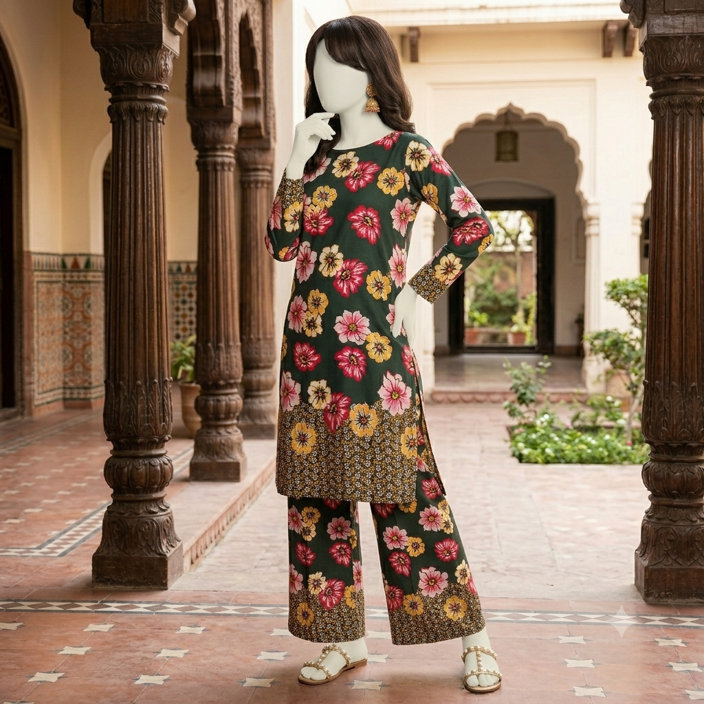 Mannequin showcasing a forest green botanical print 2-piece unstitched cotton silk suit, elegant floral design, premium summer fabric.