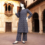 Side view of the blue and white printed 3-piece lawn suit, highlighting the elegant design from ZH2 Store.