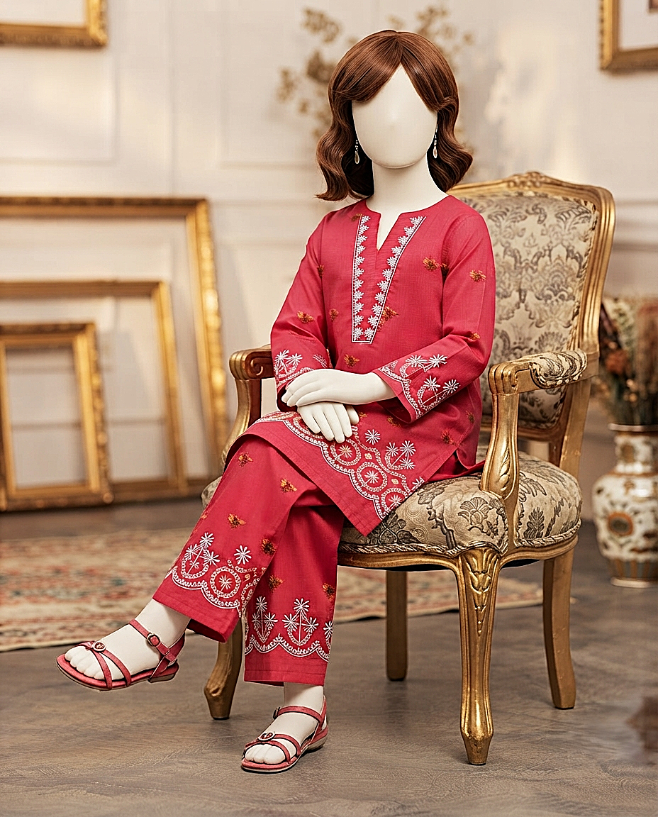 view of the kids unstitched embroidered lawn outfit showing detailed shirt and trousers