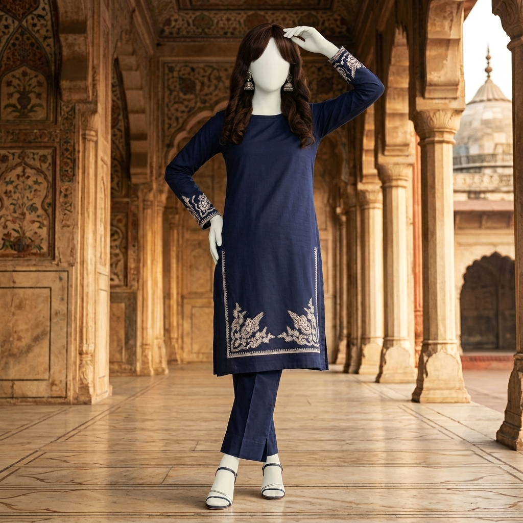 Premium 2-piece embroidered unstitched lawn suit collection by ZH2 Store, featuring a 1.2-meter embroidered shirt and 2.2-meter trouser fabric with intricate ethnic designs displayed on a mannequin.