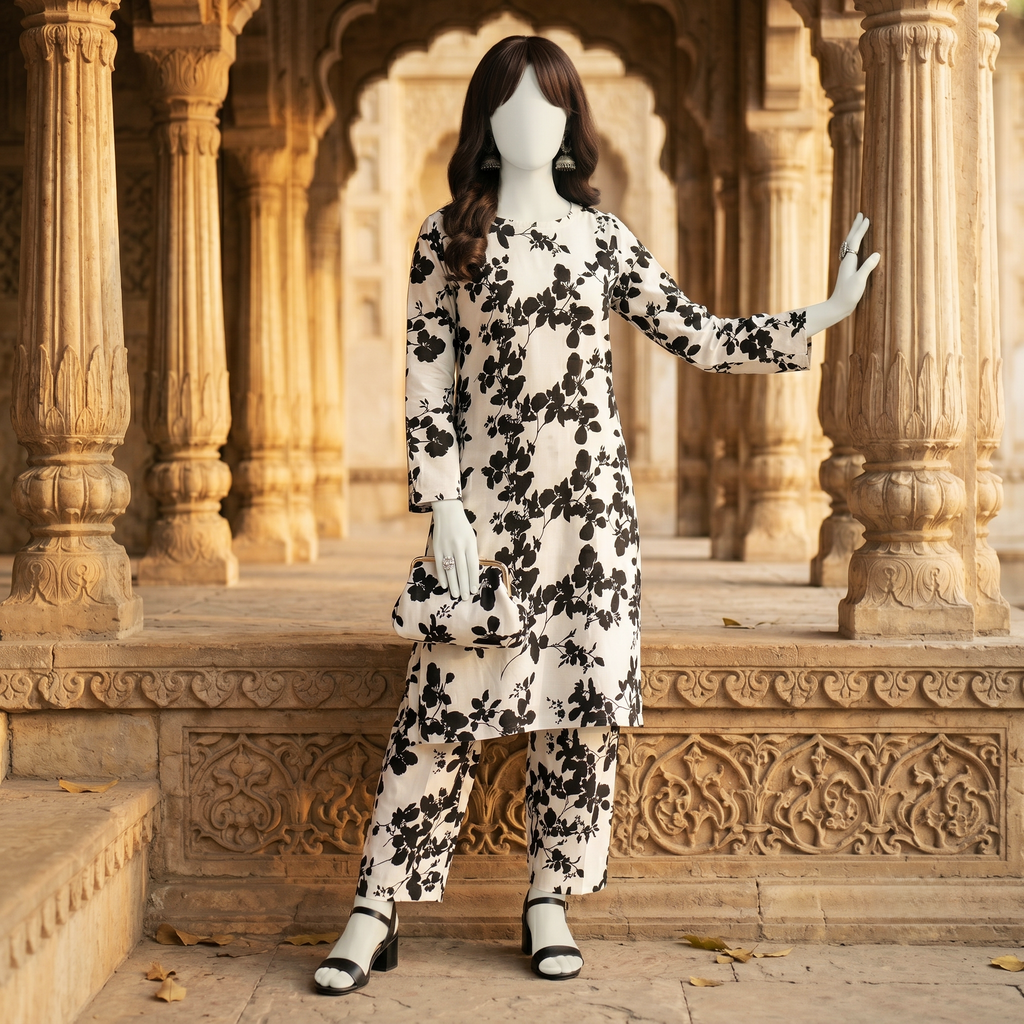 Full length view of women unstitched 2-piece suit with traditional black floral print work - zh2 store