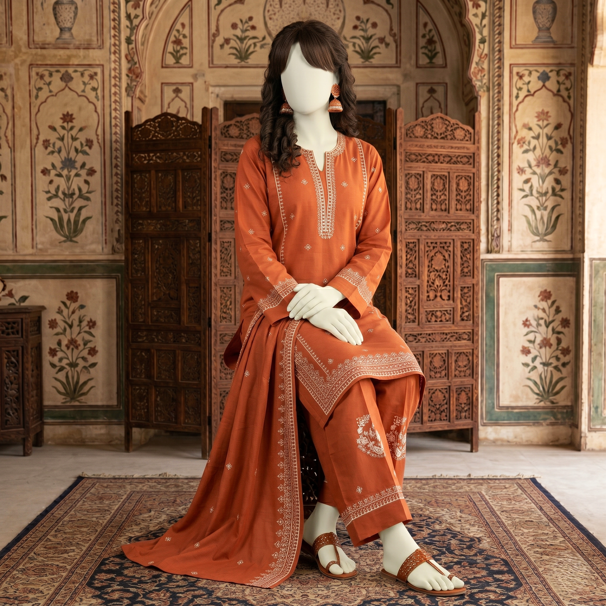 Premium 2-piece printed unstitched lawn suit collection by ZH2 Store, featuring a 2.2-meter shirt and 2.2-meter trouser fabric with intricate floral and ethnic designs displayed on a mannequin.