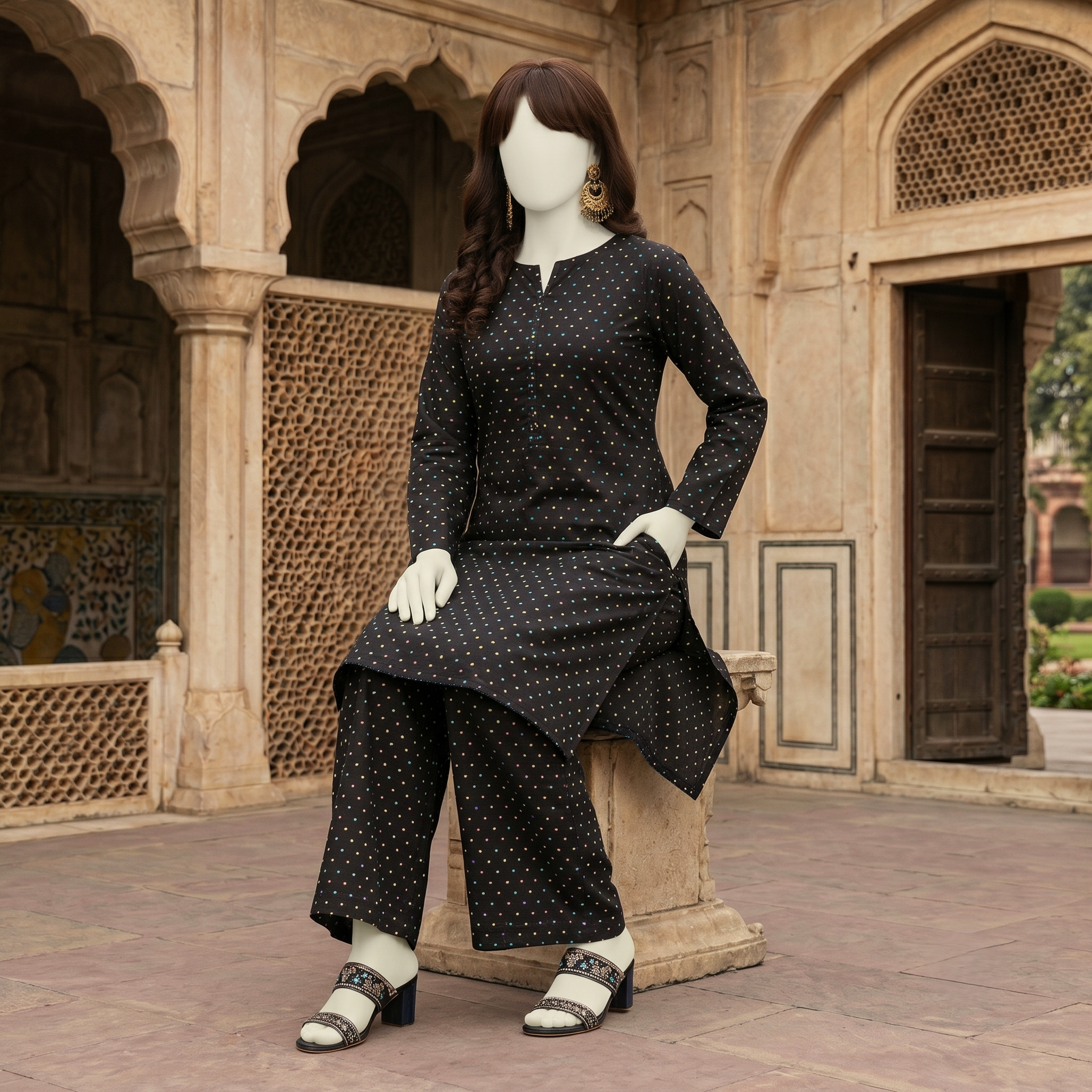 Mannequin wearing a chic black printed cotton unstitched suit, featuring a modern polka dot design by ZH2 Store.