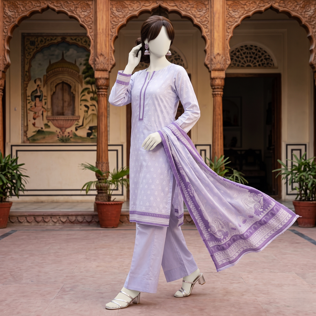 A side-profile shot of a mannequin wearing a purple, patterned 3-piece unstitched lawn suit, highlighting the suit's drape and traditional aesthetic design.