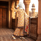 A side profile view of a vibrant floral 3-piece unstitched lawn suit on a mannequin, showcasing the professional tailoring potential and design details at ZH2 Store.