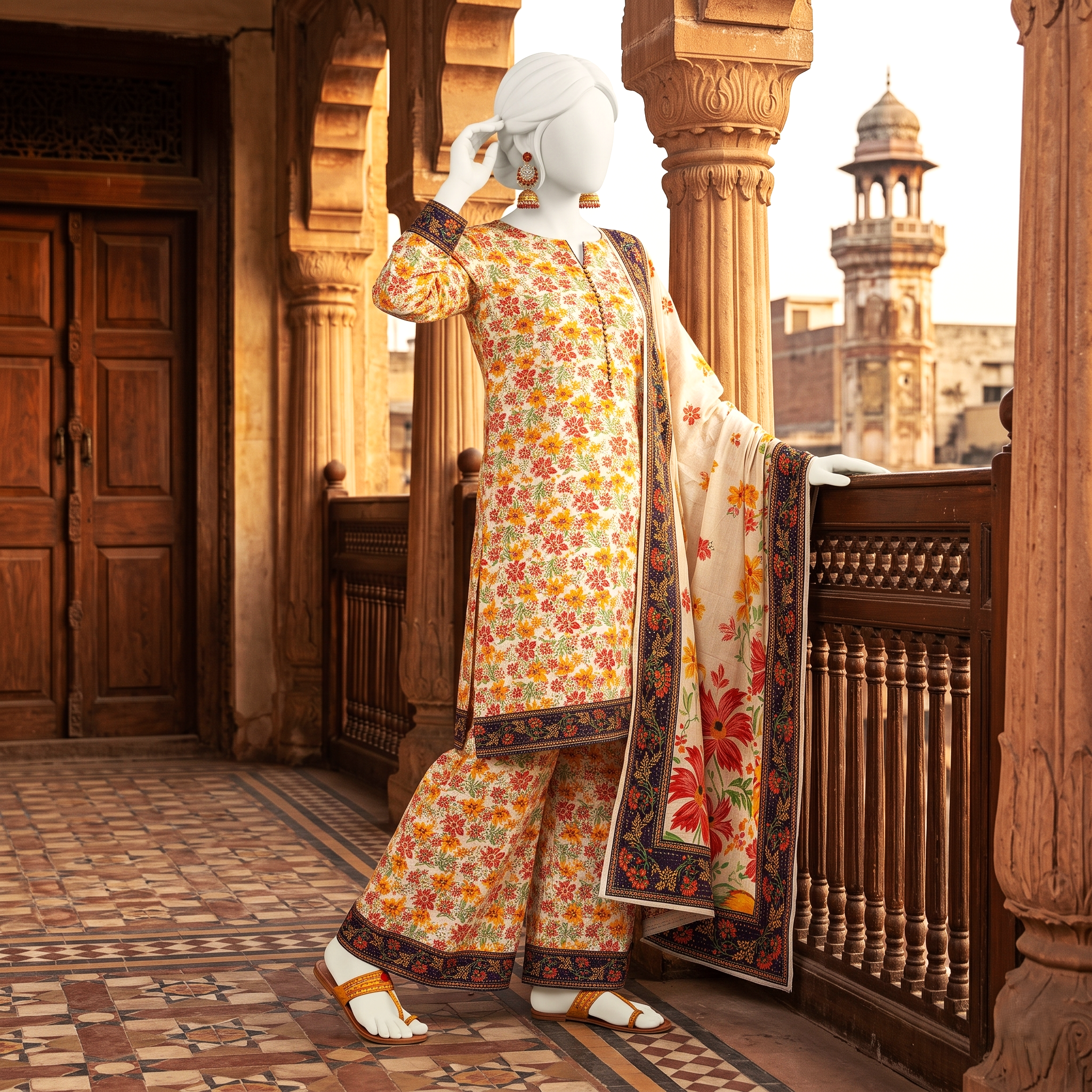 A side profile view of a vibrant floral 3-piece unstitched lawn suit on a mannequin, showcasing the professional tailoring potential and design details at ZH2 Store.