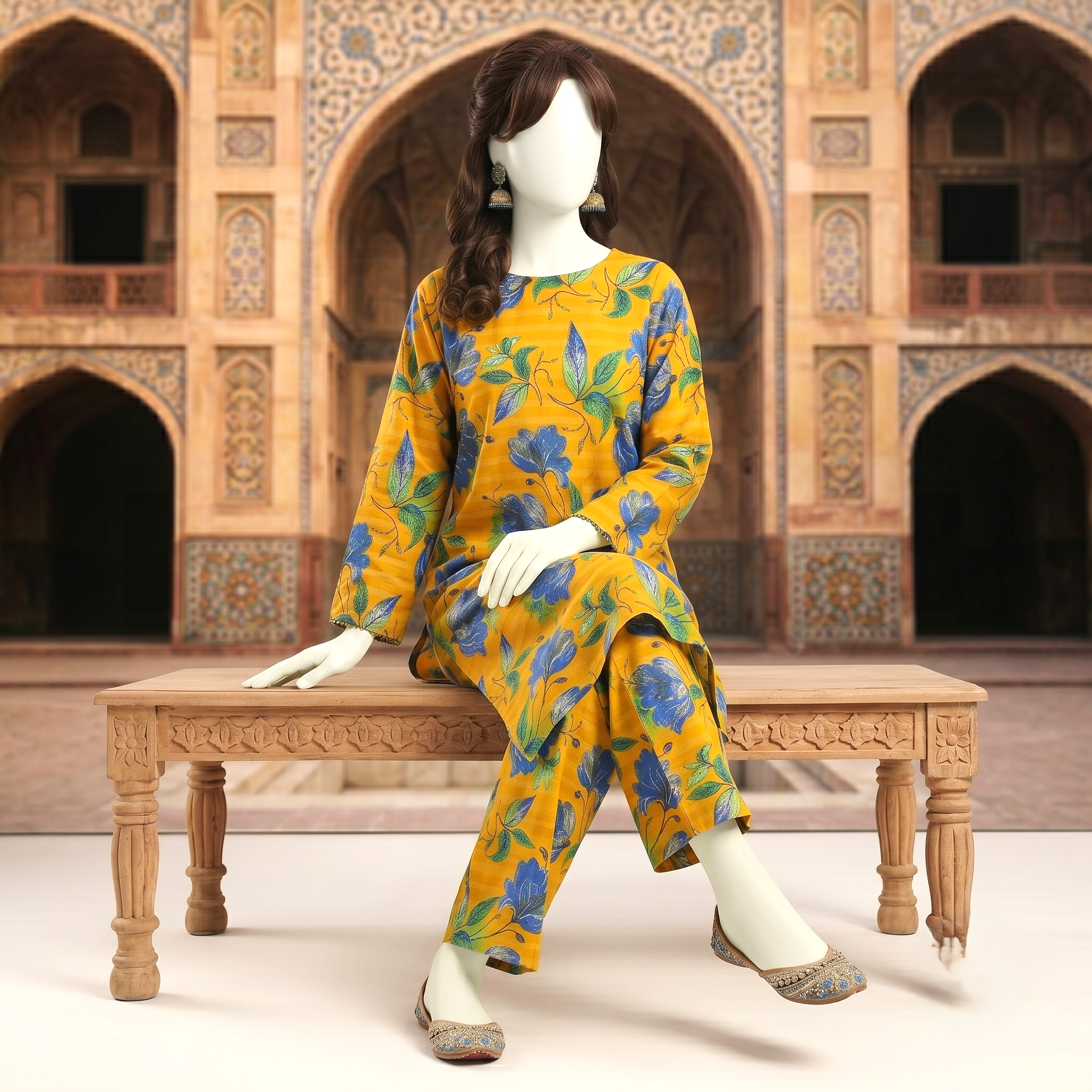 ZH2 Store premium 2-piece unstitched cotton silk suit with floral print.