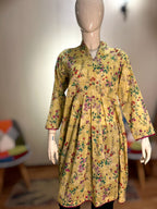 Sunny Yellow Floral Printed Cotton Frock Style Kurti | Pleated Angrakha Style Tunic (LFS-3004)