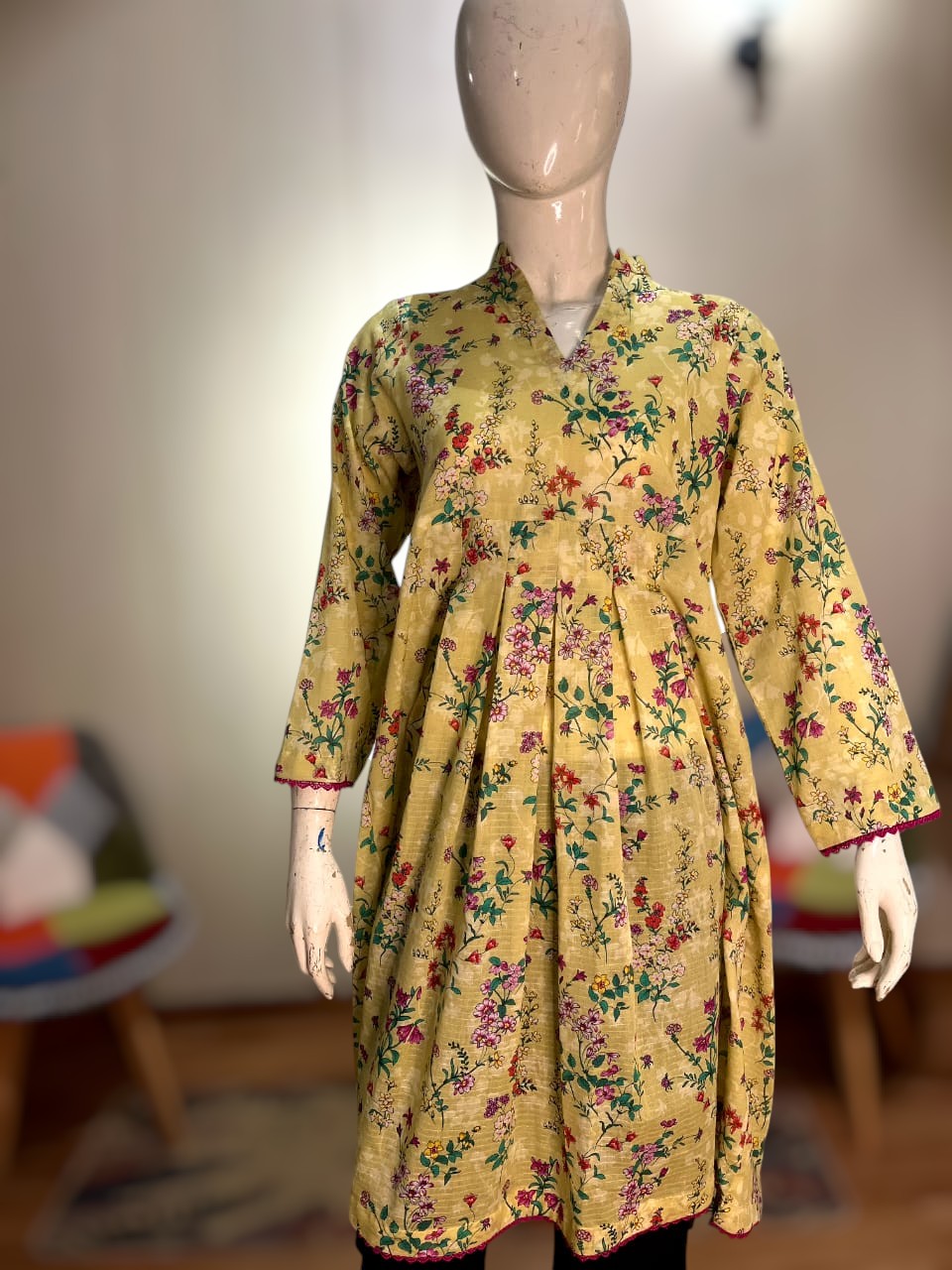 Sunny Yellow Floral Printed Cotton Frock Style Kurti | Pleated Angrakha Style Tunic (LFS-3004)