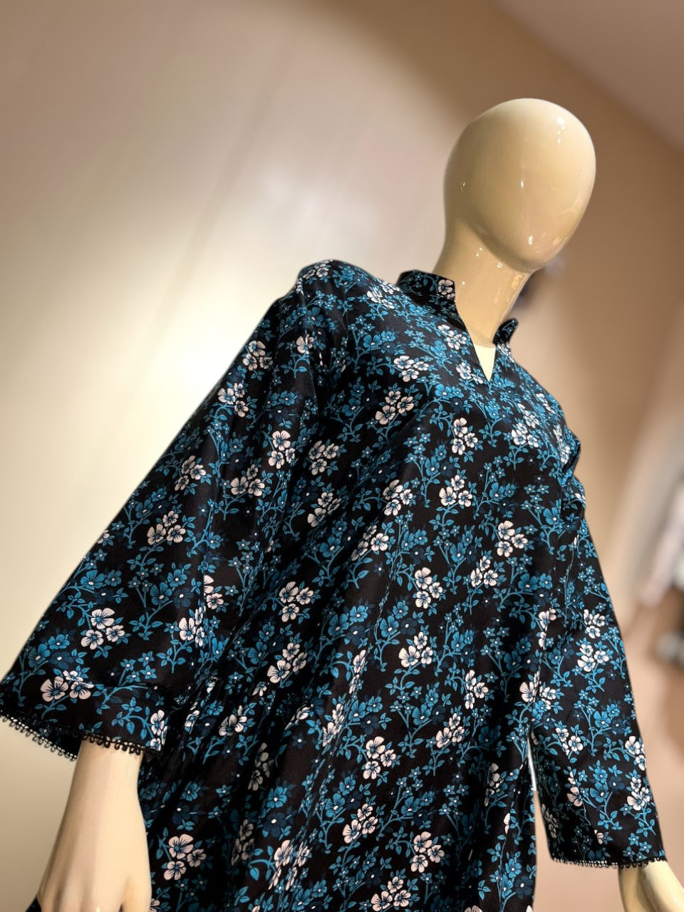 Elegant Black & Teal Floral Printed Cotton A-Line Kurti | Three-Quarter Sleeve Tunic Shirt (CFS-3012)