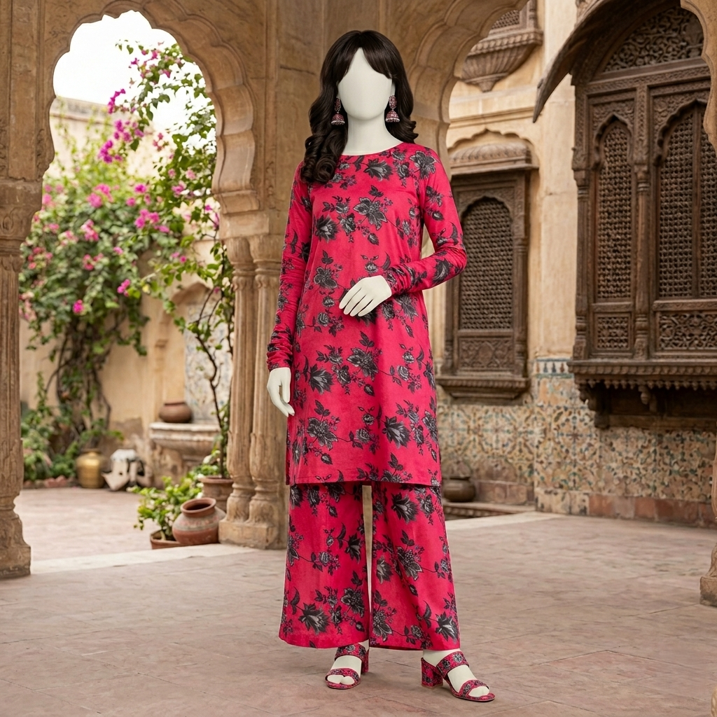 "Woman wearing a premium cotton-silk unstitched 2-piece suit with vibrant floral prints from ZH2 Store."