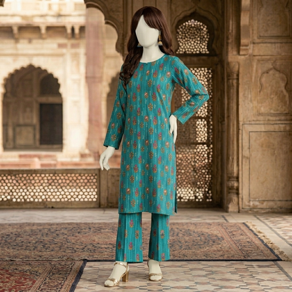 "Woman wearing premium cotton-silk unstitched 2-piece suit in from ZH2 Store"