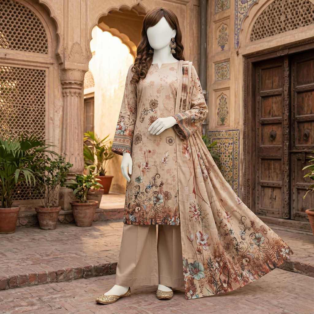 ZH2 Store 3-piece unstitched printed lawn suit with floral patterns on a mannequin.
