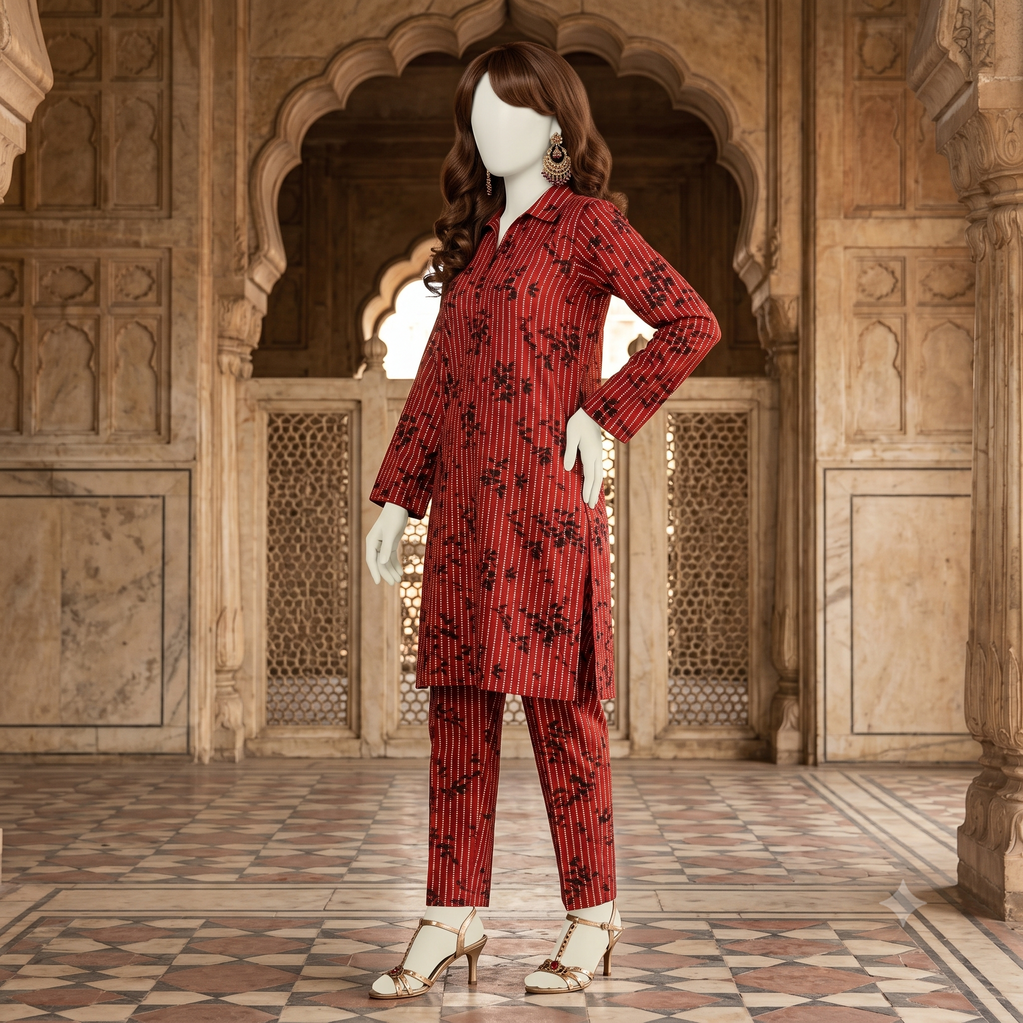 view of an unstitched red floral cotton 2-piece suit - ZH2 Store"