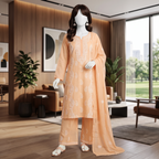 Elegant 3-piece unstitched lawn suit with colorful intricate embroidery on the shirt and trousers, paired with a matching embroidered dupatta, displayed on a mannequin.