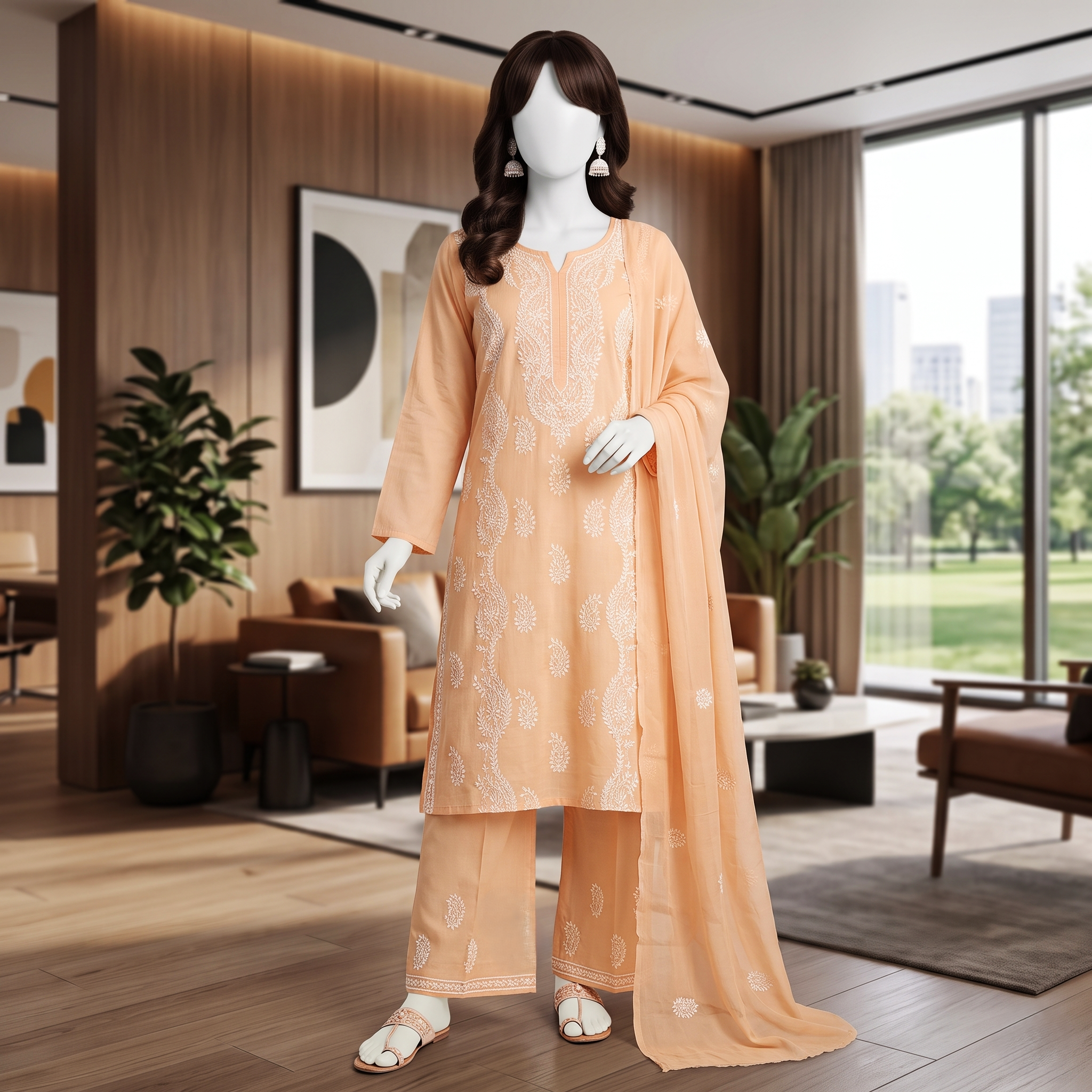 Elegant 3-piece unstitched lawn suit with colorful intricate embroidery on the shirt and trousers, paired with a matching embroidered dupatta, displayed on a mannequin.