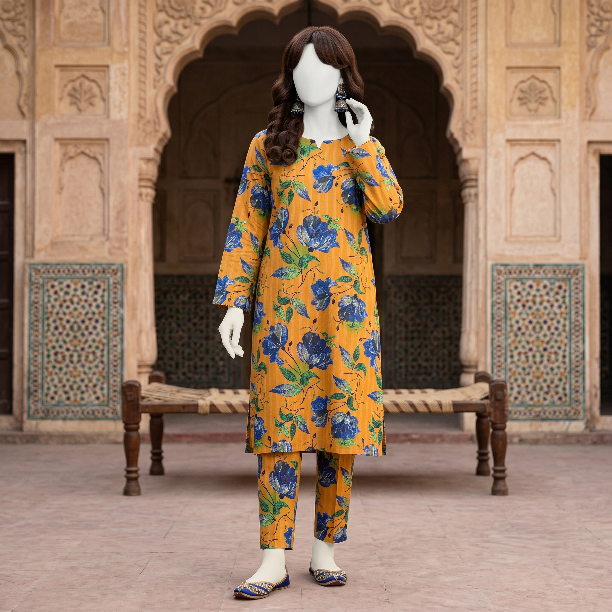 ZH2 Store premium 2-piece unstitched cotton silk suit with floral print.