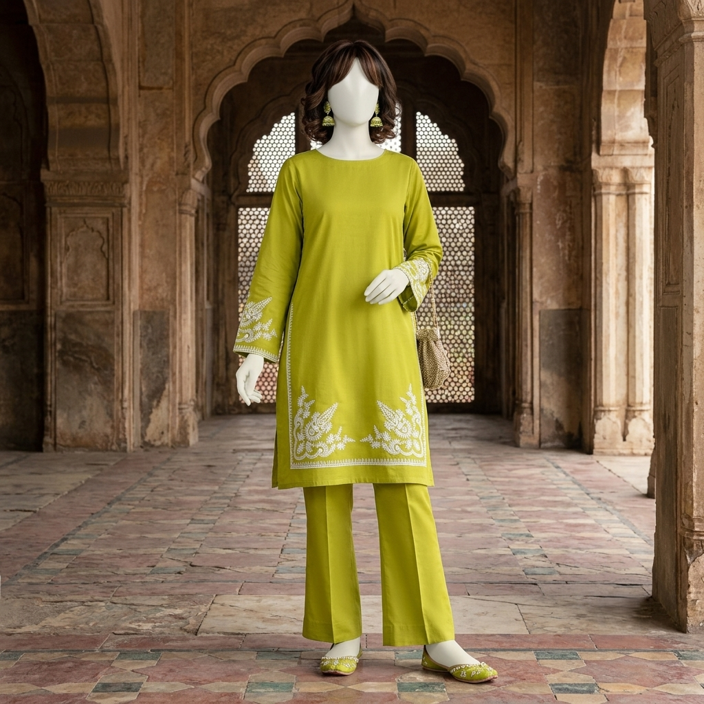Premium 2-piece embroidered unstitched lawn suit collection by ZH2 Store, featuring a 1.2-meter embroidered shirt and 2.2-meter trouser fabric with intricate ethnic designs displayed on a mannequin.