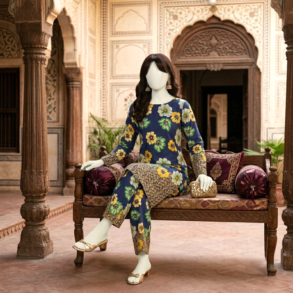 Mannequin wearing a royal blue 2-piece unstitched cotton silk suit with green and yellow floral motifs and a complex chunri-style border, seated on a vintage wooden bench.