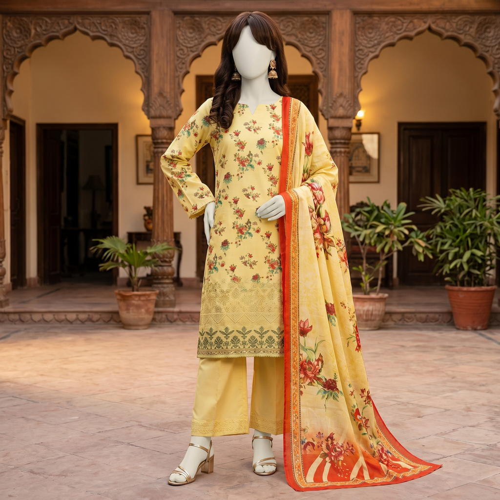 ZH2 Store 3-piece unstitched printed lawn suit featuring fine floral vine motifs on a mannequin.