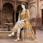 A mannequin seated, highlighting a vibrant multi-colored floral printed 3-piece unstitched lawn suit.